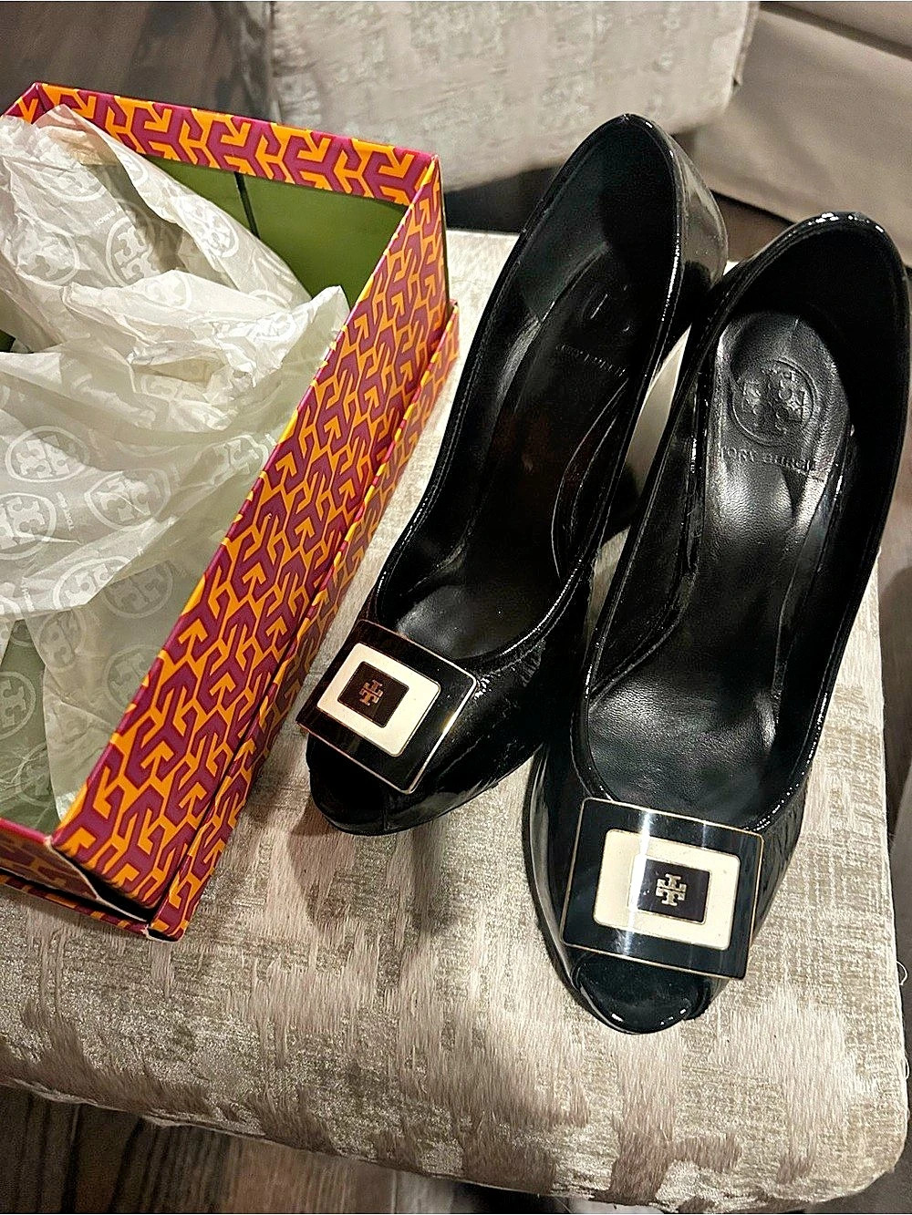Tory Burch Morgan Wedge Black Patent Leather Heels US 9.5